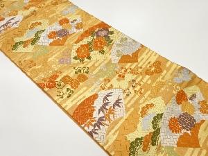 ヱ霞に地紙・花々模様織出し袋帯